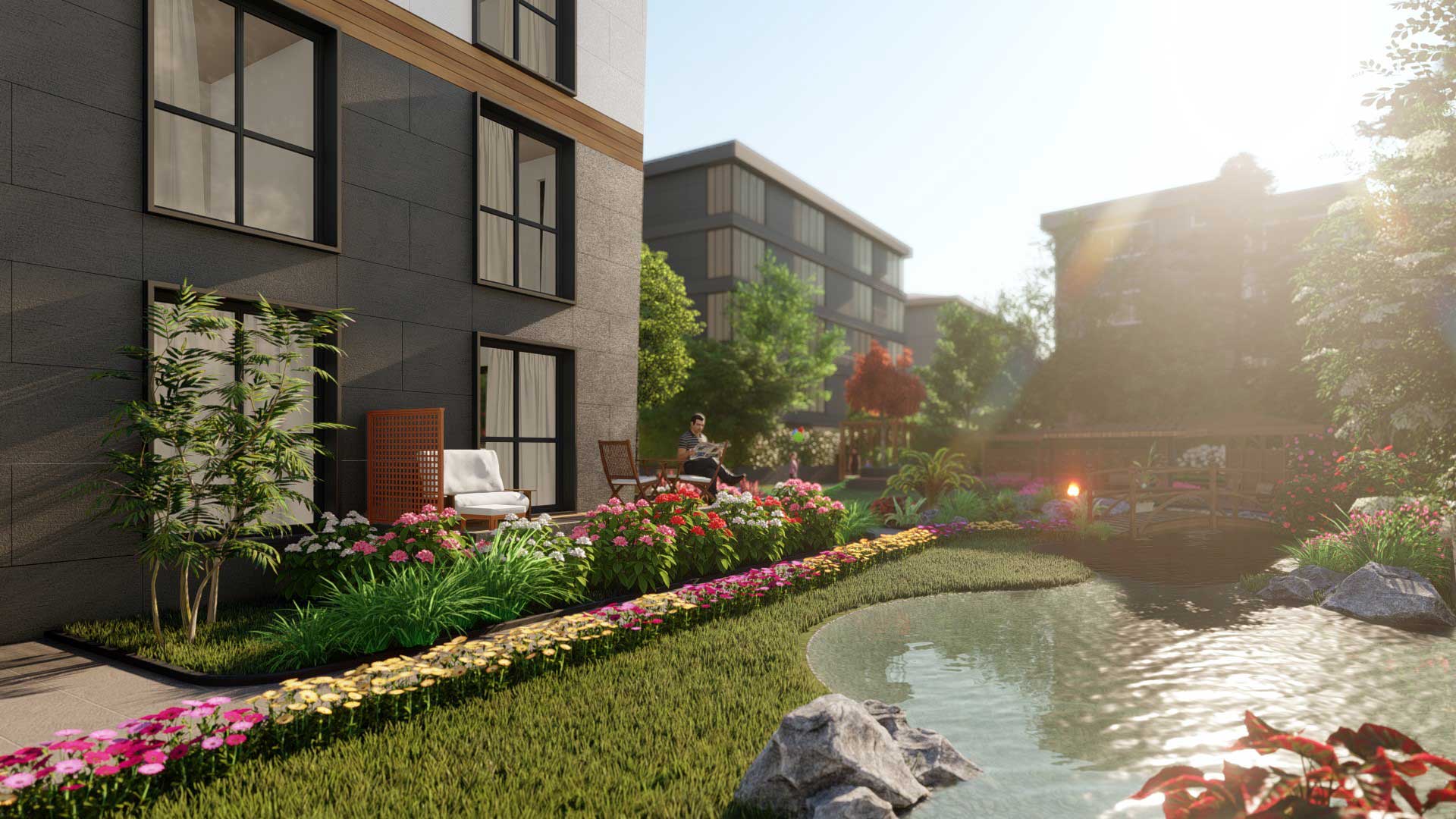 Sunsetpark Ömerli projesinin peyzaj ve dış cephe görünümü